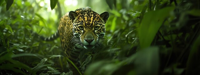 An intimate shot of a jaguar hunting in the dense Amazon rainforest at dawn, Rainforest scene, Intense style