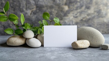 White paper business card, mockup with natural stone and boxwood branch on gray concrete background.