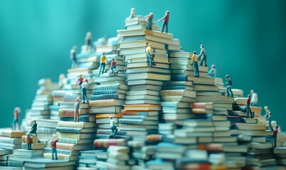 Obraz premium 3D miniature people climbing up a stack of books, as if scaling a mountain of knowledge