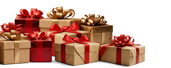Christmas gifts brown red golden, paper wrapped presents, Christmas gift boxes, isolated