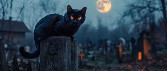 A mysterious black cat with glowing eyes perched on a fence post, set against a full moon illuminating an eerie graveyard at twilight.