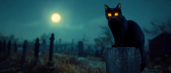 A mysterious black cat with glowing orange eyes perched on a wooden stump, silhouetted against a full moon illuminating a haunted graveyard.