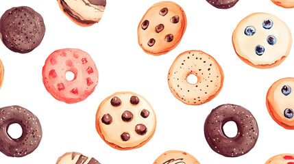 Obraz premium A delightful seamless pattern featuring croissants and donuts, showcasing various baked treats in a colorful and appetizing design