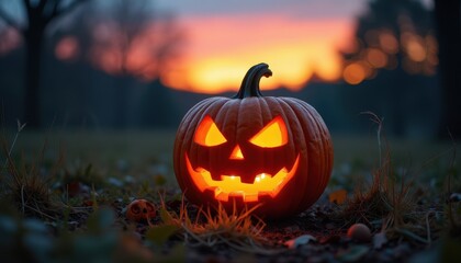 Light shining through a perfectly carved pumpkin at twilight during Halloween with eerie lighting and dark surroundings.