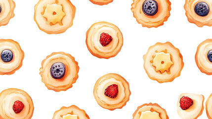 A delightful seamless pattern featuring croissants and donuts, showcasing various baked treats in a colorful and appetizing design