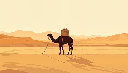 Camel with pack in desert landscape illustration