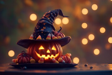 Naklejka premium A whimsical Halloween scene featuring a carved pumpkin with a witchs hat surrounded by colorful candies and small pumpkins, glowing warmly against a bokeh background.