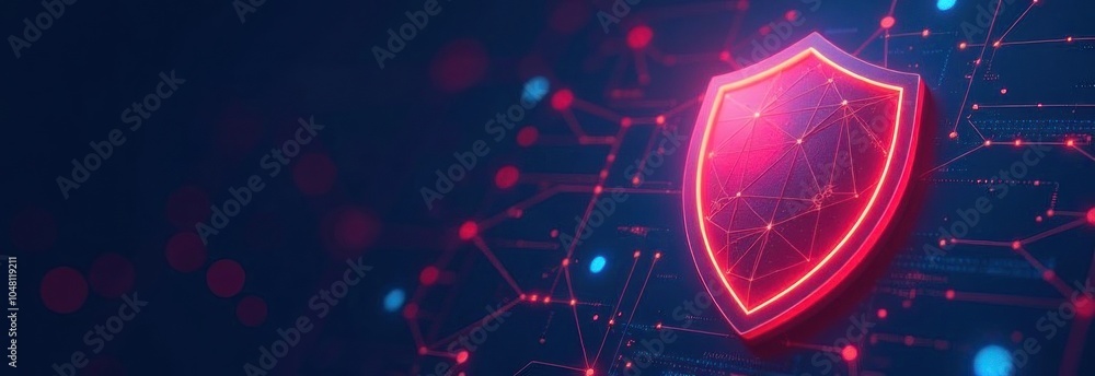 Poster glowing security shield in pink for online protection concept. glowing shield on digital circuit bac