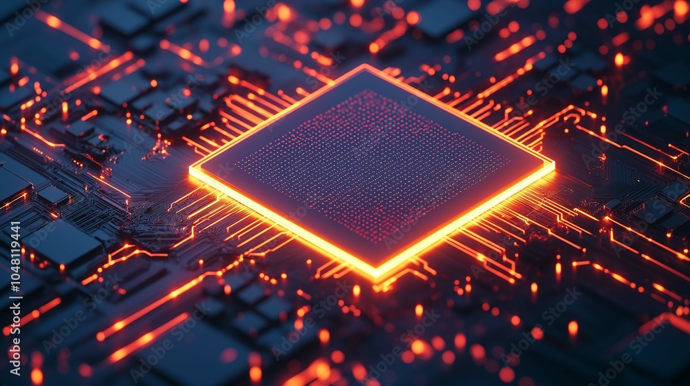 Poster glowing 3d ai processor chip on circuit board