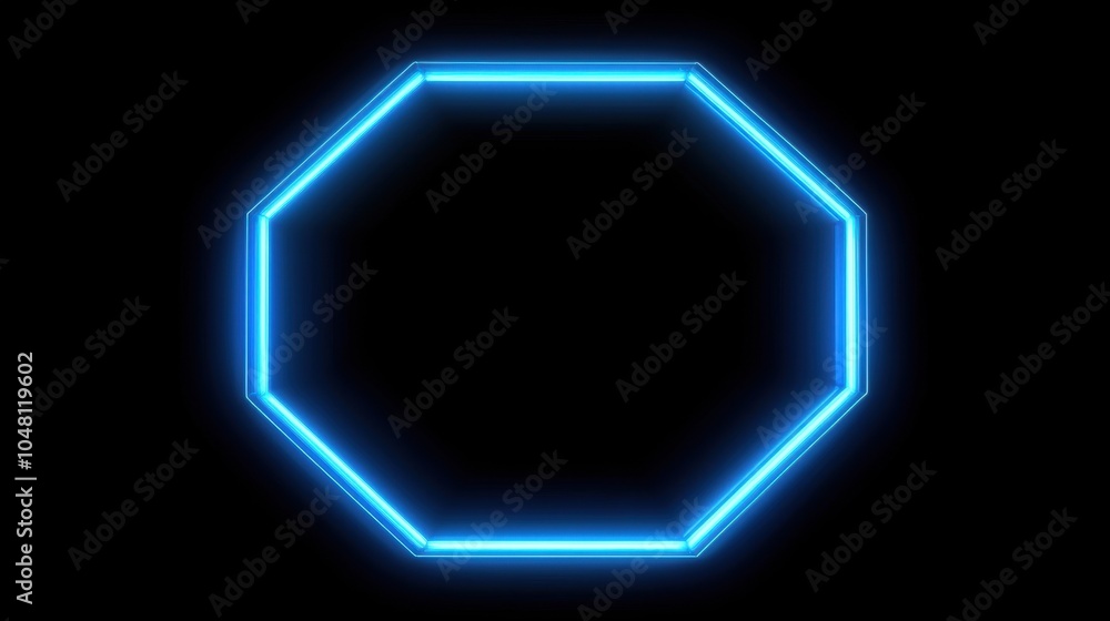 Poster dynamic neon octagon frame rotating in space, glowing brightly against a dark, simple background, cr