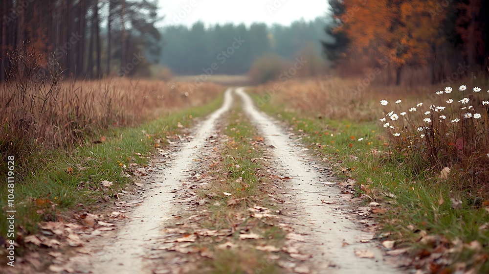 Poster serene pathway through autumn fields a tranquil journey on a leaf-covered trail surrounded by nature