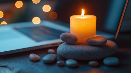 Serene Candle Set with Stones Beside a Laptop
