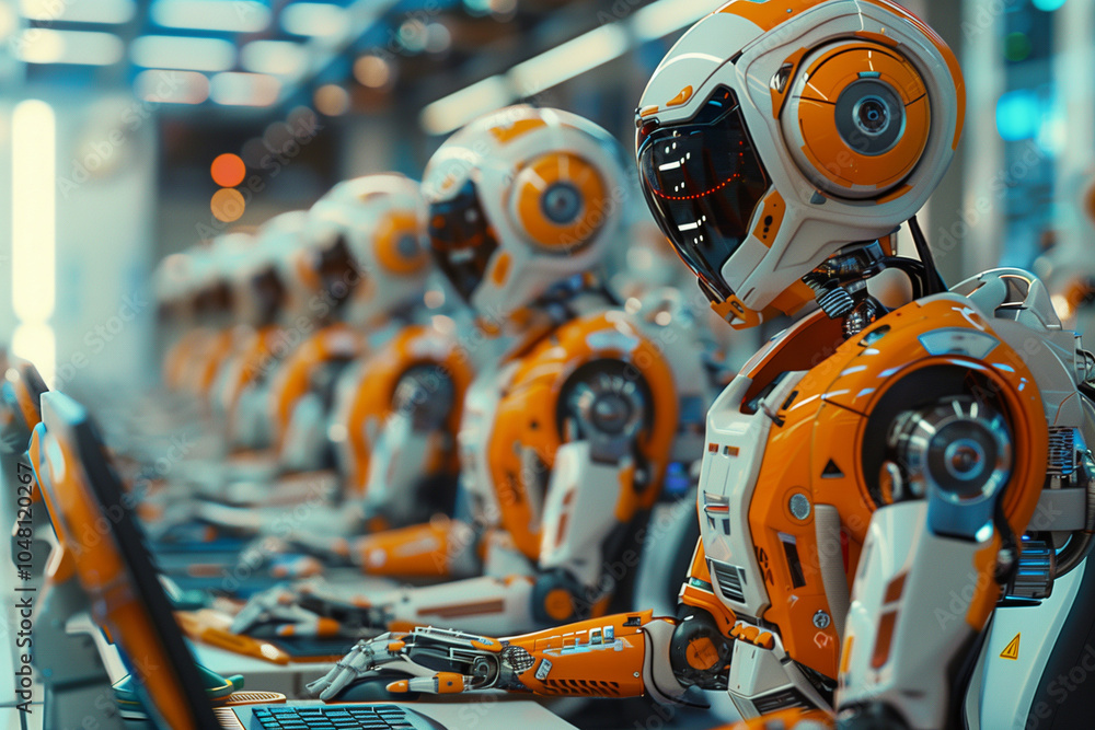 Poster advanced robotic workforce in futuristic high-tech environment