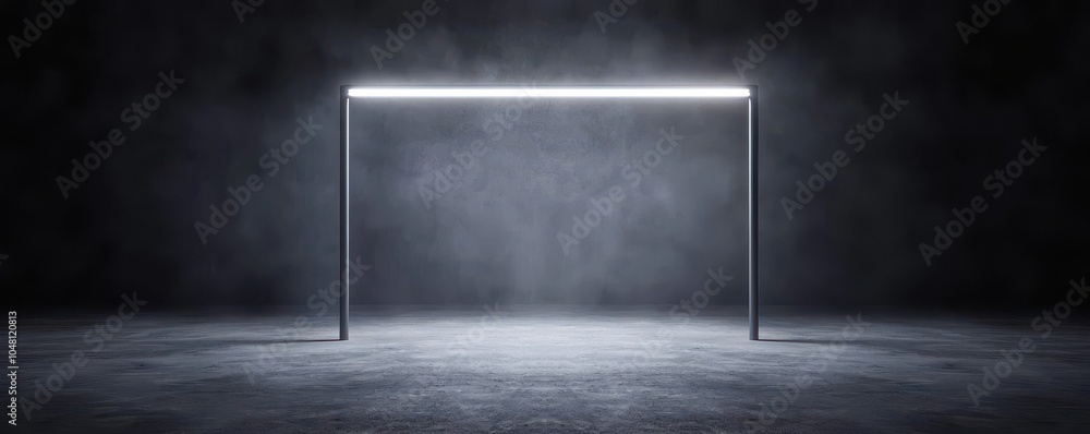 Poster a minimalistic scene featuring a glowing rectangular frame in a dark, foggy environment.
