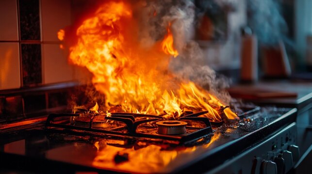 A close-up of a stove in flames, with the fire spreading to nearby cabinets, smoke pouring out, and the kitchen bathed in an orange glow, capturing the danger of a kitchen fire