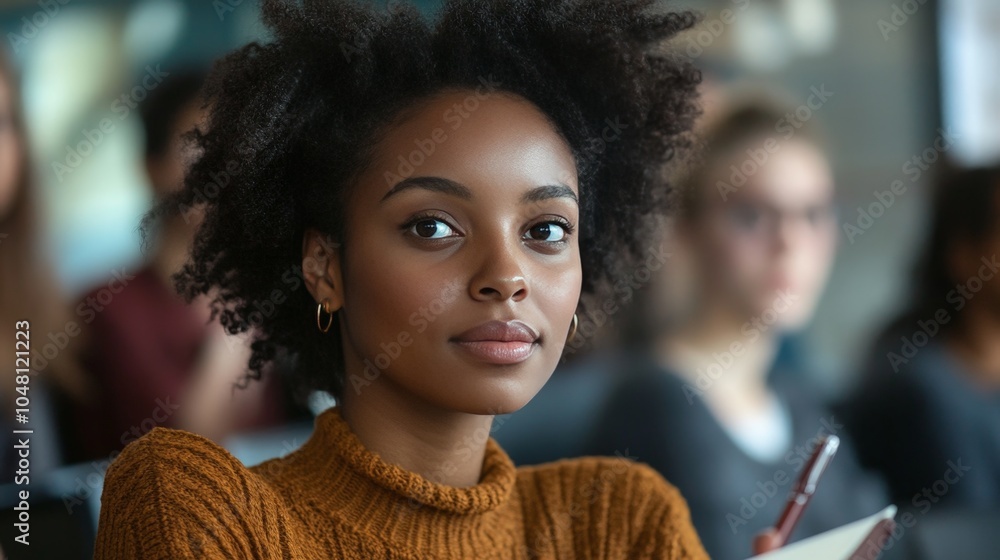 Poster a close-up portrait of a student attentively listening in class, with a notebook and pen in hand, wh