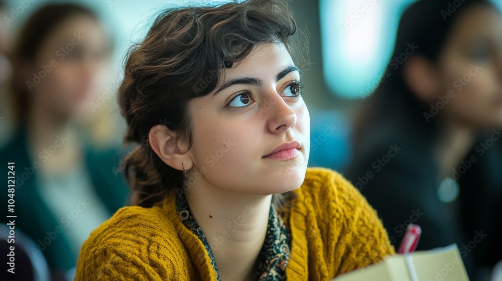 Poster a close-up portrait of a student attentively listening in class, with a notebook and pen in hand, wh