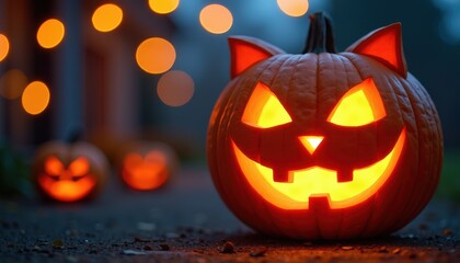 Fototapeta premium A carved pumpkin with a funny cat face glowing softly in the dark with Halloween decorations in the background.