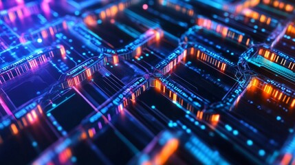 Obraz premium A close-up view of a blockchain structure, with interconnected blocks glowing in different colors, set against a dark, futuristic background with streams of data flowing between them