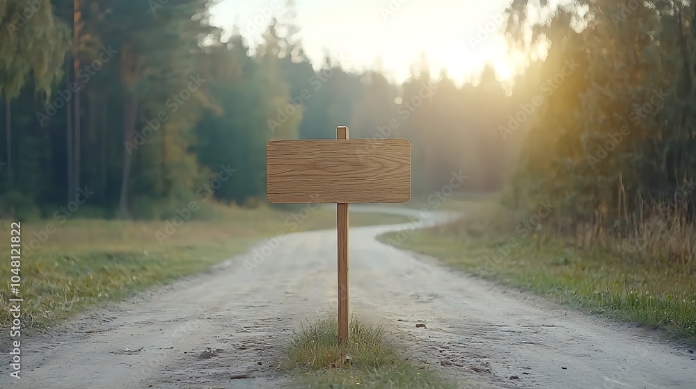 Poster exploring the tranquil pathway a wooden signpost in a sunlit forest setting inviting adventure and r