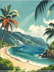 Tropical Beach Paradise:  A vibrant vintage travel poster illustration of a secluded tropical beach, palm trees, crystal-clear turquoise water, and majestic mountains in the background.