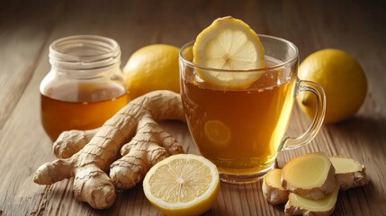 A cup of ginger tea with fresh ginger slices, honey jar, and lemon arranged on a wooden background, with soft morning light casting shadows, creating a peaceful and healthy breakfast scene
