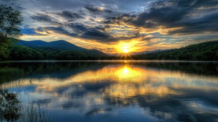 Fototapeta premium Dawn's Embrace: Tranquil Reflections on a Lake