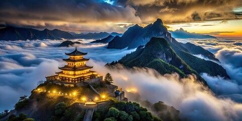 Tilted angle cloud covered ancient shrines at night beneath mountain