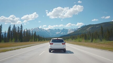 Captivating journey through majestic mountains a scenic drive in nature's embrace with a white suv on an open road