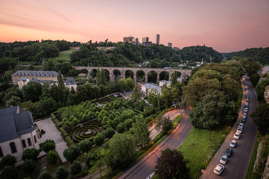 View from the Bock Outcrop on Pont du Chat&ecirc;au to the Garden of Pfaffenthal Hospice and Viaduct Ferroviaire at Dusk - Luxembourg City