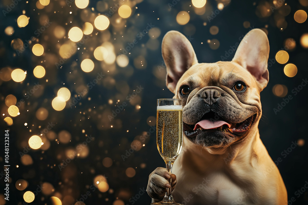 Wall mural a french bulldog drinks champagne at a new year's eve party, surrounded by festive decorations and c