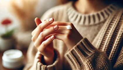 手に保湿クリームを塗る若い女性の手元