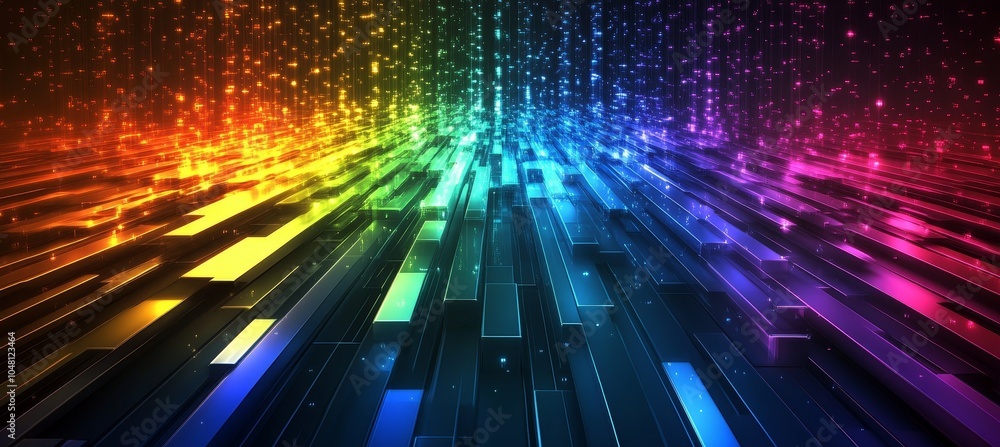 Poster Glowing colorful 3D virtual digital space technology background. Generative AI technology.	
