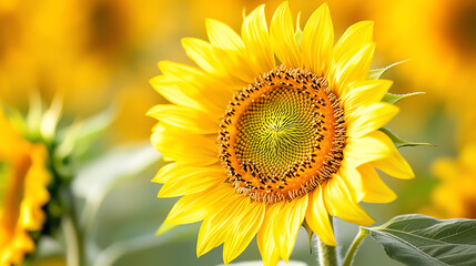 Obraz premium Ultra close-up of a sunflower head, sharp focus on intricate pollen grains, soft early sunlight illuminating the yellow petals, high contrast, cinematic clarity in 4K