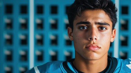 A focused young athlete wearing a football jersey stares intently at the camera, exuding determination and confidence in a locker room setting.