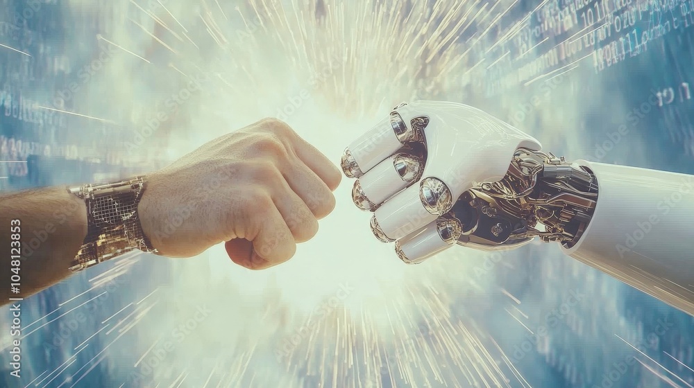 Poster a human and robot hand fist-bumping over a digital interface with holographic data floating in the b