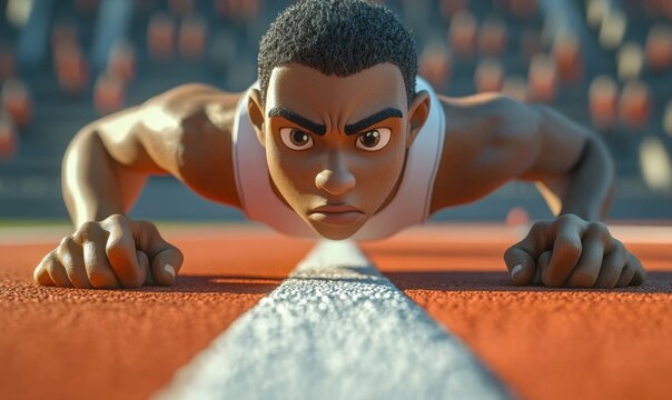 Cartoon sprinter at the starting line, poised with muscles tensed and a dramatic countdown, 3D style