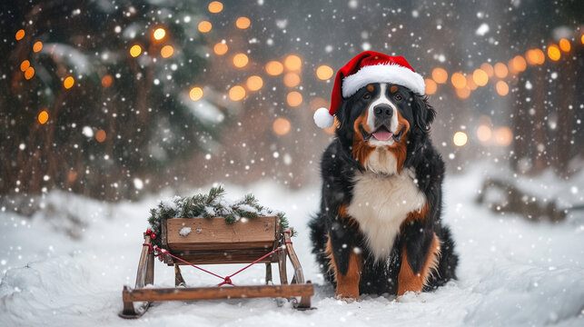 Bernese Mountain Dog in a Christmas Santa hat sits beside a wooden sled decorated with festive greenery in a snowy winter wonderland. Image made using Generative AI.