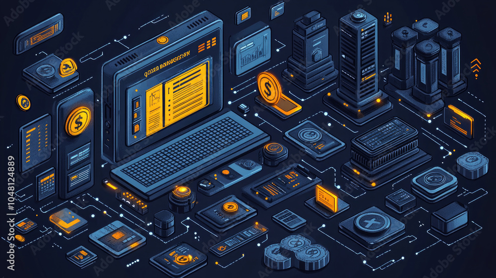Poster isometric illustration of computer components connected by lines.