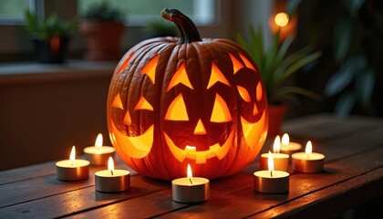 Fototapeta premium A creative pumpkin design featuring multiple faces carved into one pumpkin illuminated by candles showcasing Halloween spirit.