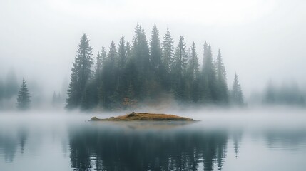 Fototapeta premium Mysterious island surrounded by mist and evergreens a tranquil reflection on still waters of nature's beauty