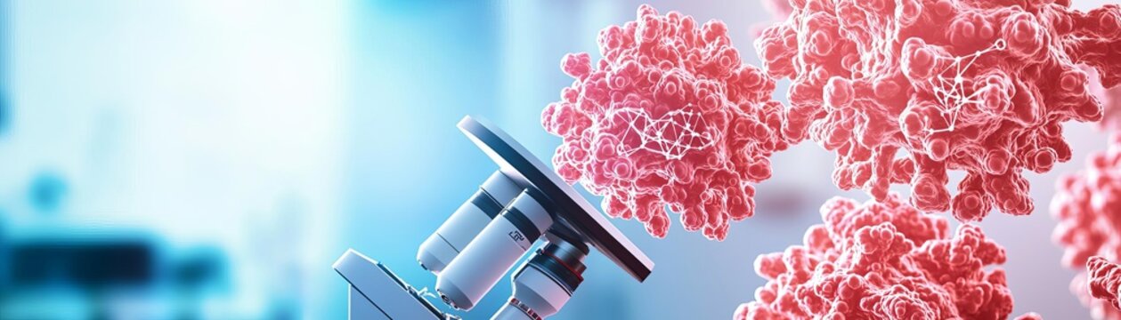 Cryo-electron microscopy images projected on a large digital display, showing high-resolution protein structures, with the lab illuminated by cool blue lighting