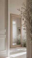Fototapeta premium An empty scene featuring blank mockup template (a charming hallway with forget-me-nots framing a large mirror and family photos)
