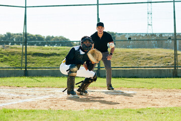 Baseball player, field and athlete pitch in sport game with exercise, training and teamwork...