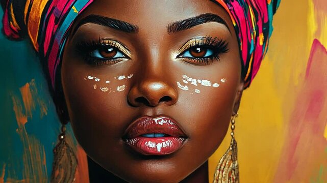 A close-up portrait of a woman wearing a colorful headscarf, looking directly at the camera