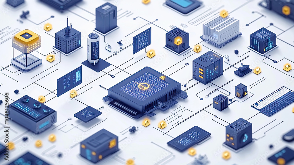 Poster isometric illustration of computer components connected by lines.