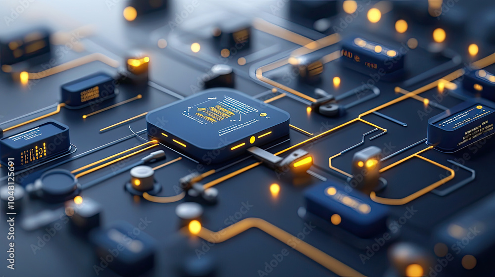 Poster isometric illustration of computer components connected by lines.