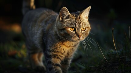 Obraz premium A tabby cat with bright yellow eyes walks through a dark forest.