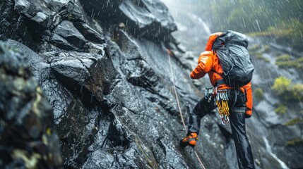 Climber Ascending a Rocky Cliff Face in Heavy Rain