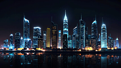 Obraz premium A Smart city technology at night, featuring illuminated skyscrapers and a beautifully lit background with a clear sky